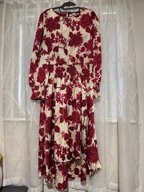 Cupio Cream Midi Dress with Deep Red Floral Print